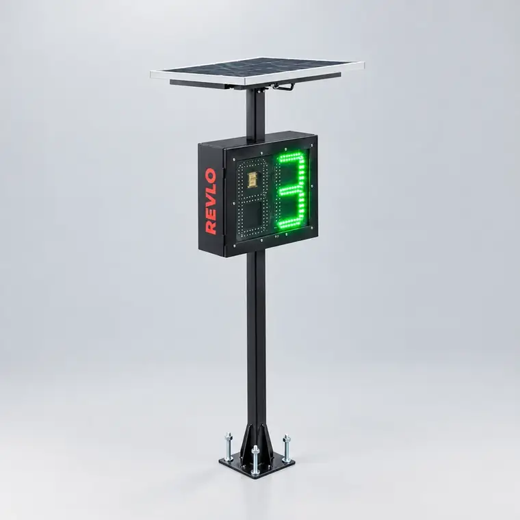 Lombada educativa fixa em coluna, em estúdio, com painel solar e display de LED verde